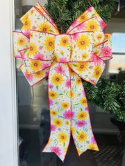 Handmade Large White Pink Yellow Floral Bow for Spring or Summer Wreath