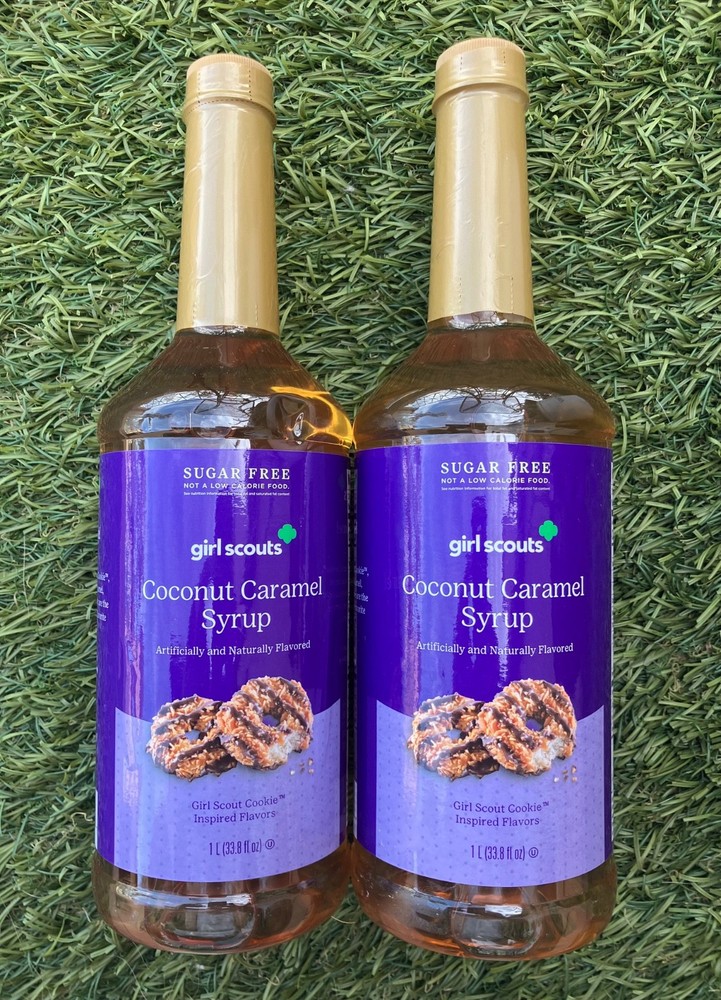 (2x) GIRL SCOUTS Sugar Free COCONUT CARAMEL SYRUP Coffee Drinks Desserts 33.8oz