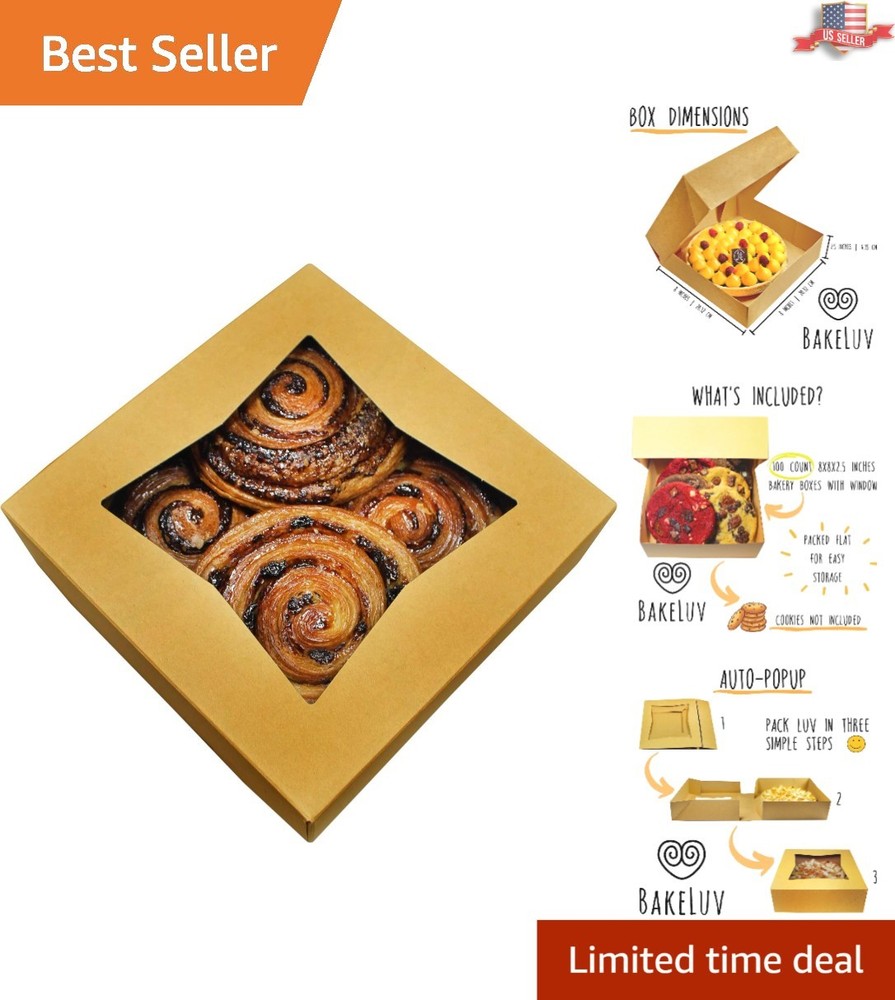 Food Safe 100 Pack Bakery Boxes, 8x8x2.5 Inches – Biodegradable, Window Design