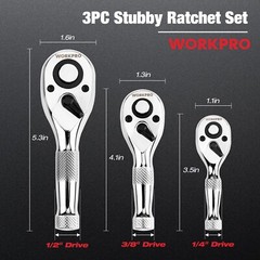 WORKPRO 3PC Stubby Ratchet Set 1/4″ 3/8″ 1/2″ Drive Ratchet Handle Quick Release