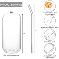 1 Pack Glass Cup, 16oz Drinking Glass with Bamboo Lid and Straw, Beer Tumbler…