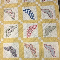 Patchwork Quilt Yellow & White w/ Multicolor Butterfly Squares Coverlet 63” x 73