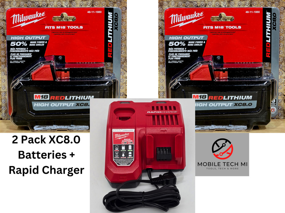 Genuine Milwaukee M18 2 Pack XC8.0 HIGH OUTPUT 8.0 Ah Battery w/ Rapid Charger