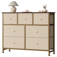 Khaki 7 Fabric Drawers Dresser Wooden Top,Bedroom Retro Fabric Storage Furniture