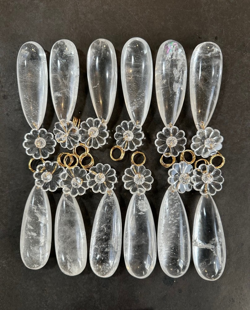 Rock Crystal Chandelier Quartz Pendants Prism Spindle Tear W/ Rosette 112mm 12pc