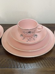 TAYLOR SMITH & TAYLOR DWARF PINE Pink 4 Pc Service Set Plates China Dishes VTG