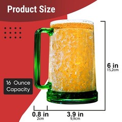 Double Wall Frozen Beer Mugs for Freezer with Handles 16 Oz, Colored Set of 4