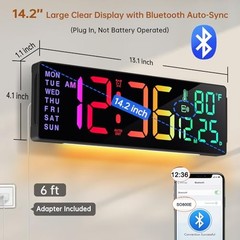 14.2″ Large Digital Wall Clock, Bluetooth Auto Time/Date/Day 14.2″ Multicolor