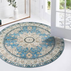 Oriental Floral Medallion round Rug – 3Ft Blue Small round Area Rug, Soft Non-Sl