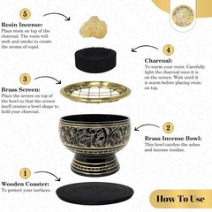 Small Decorated Brass Charcoal Screen Incense Burner with Wooden Coaster, 2-inch