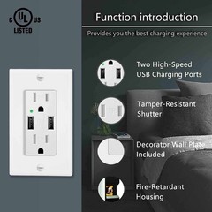 5PK Smart Technology 4.2A USB Port Tamper Resistant 15AMP Outlet Indicator Green