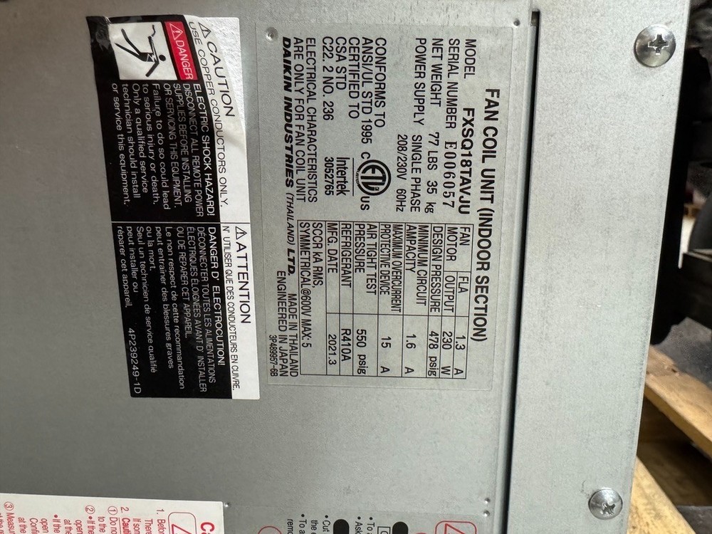 Daikin FXSQ18TAVJU 18000 BTU Concealed Duct Indoor Fan Coil Unit