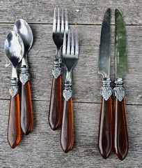 6 Pcs Stainless Steel Made In China Flatware Set Amber Color Bakelite? Acrylic?