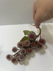 Vintage Sugared Beaded Red Faux Grapes 3 Bundles 7” MCM Glitter Green Leaves