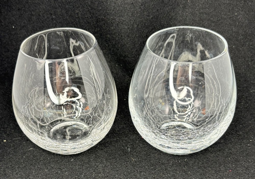Pier 1 Crackled Stemless Wine Glasses 4.4in Discontinued Set of 2