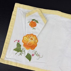 Vintage Handmade Placemat Napkin Set 8pc Floral Embroidered White Yellow Cotton