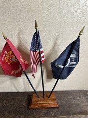 Wood Stand With 3 Flags United States,US Marine Corps, And POW