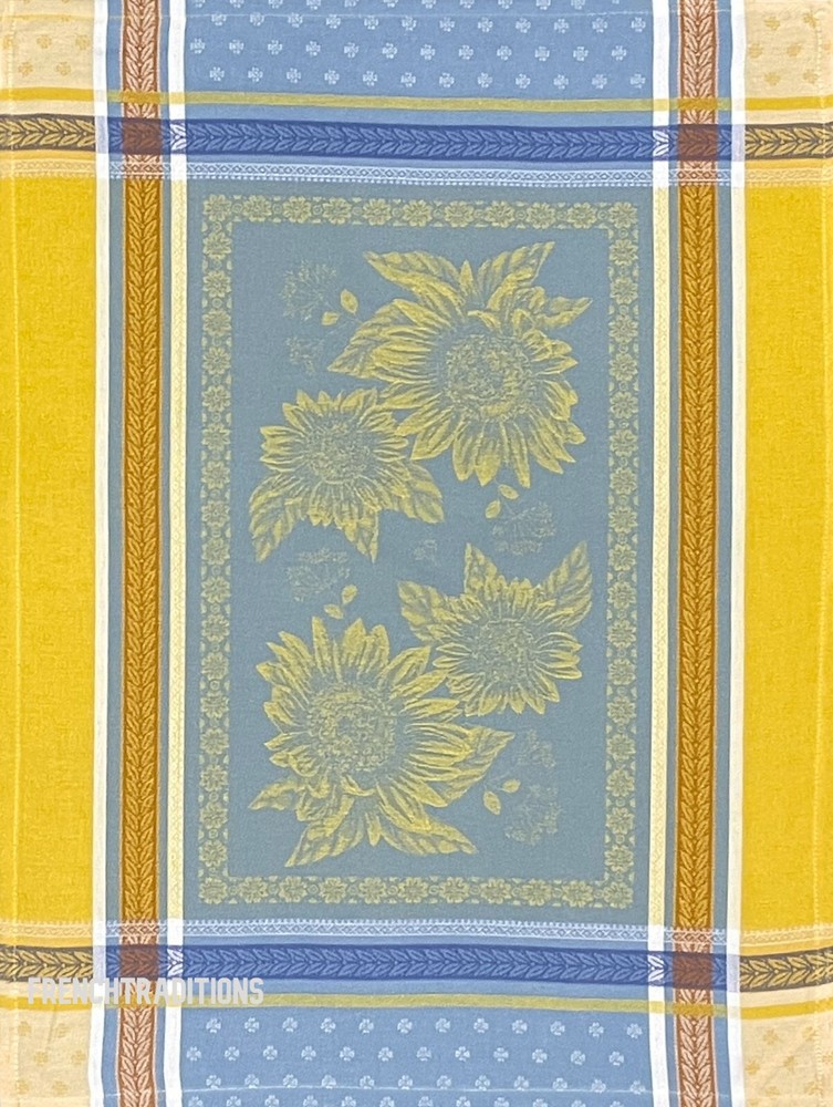 French Provencal Jacquard Woven Dish/Tea towel Blue Sunflowers Made in France