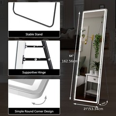 LED Full Length Standing Mirror Arched/Rectangle 3 Color Lights. Hang/Lean.