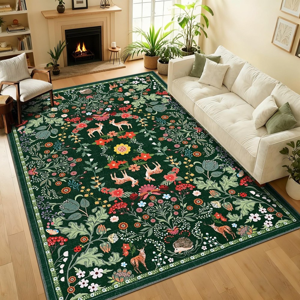 Yinhua Area Rug 5×7 Floral Rugs for Living Room Green Washable Rug Non Slip S…