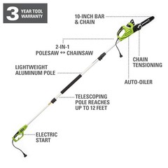 Greenworks 7-Amp 10 inch Bar Corded Electric Pole Saw PSA803 Total Length 9 Feet
