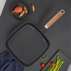 Cast Iron Grill Pan Steak Frying Skillet Wooden Handle BBQ Camping Kitchen
