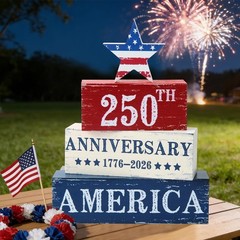 4 Pcs 250 Years American Anniversary Wooden Tabletop Decorations Red White Bl…