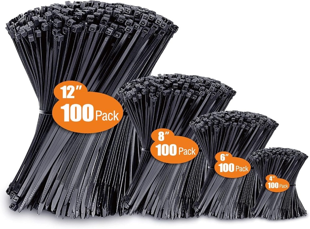 Zip Ties Assorted Sizes 4″+6″+8″+12″ 400 Pack Black