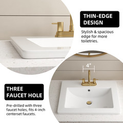 21″x18″ White Drop-In Bathroom Sink Ceramic Rectangular 4″ Centerset Faucet Hole