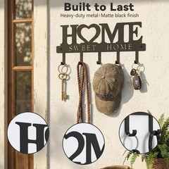 Entryway Wall Key Holder 5 Hooks Metal Key Rack Sweet Home Black 9.8in