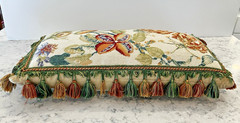Vintage Handmade Wool Needlepoint Pillow Flowers Tassel Fringe Velvet 21″ x 11″