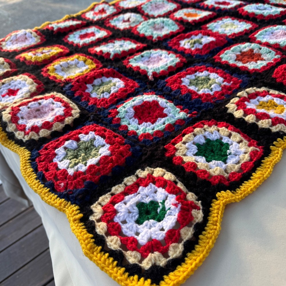vintage Crochet Blanket 31×36″ Multicolor Granny Square Boho Cottagecore Retro