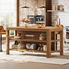 63-Inch Farmhouse Solid Wood Kitchen Island with Storage Shelves for Dining Room