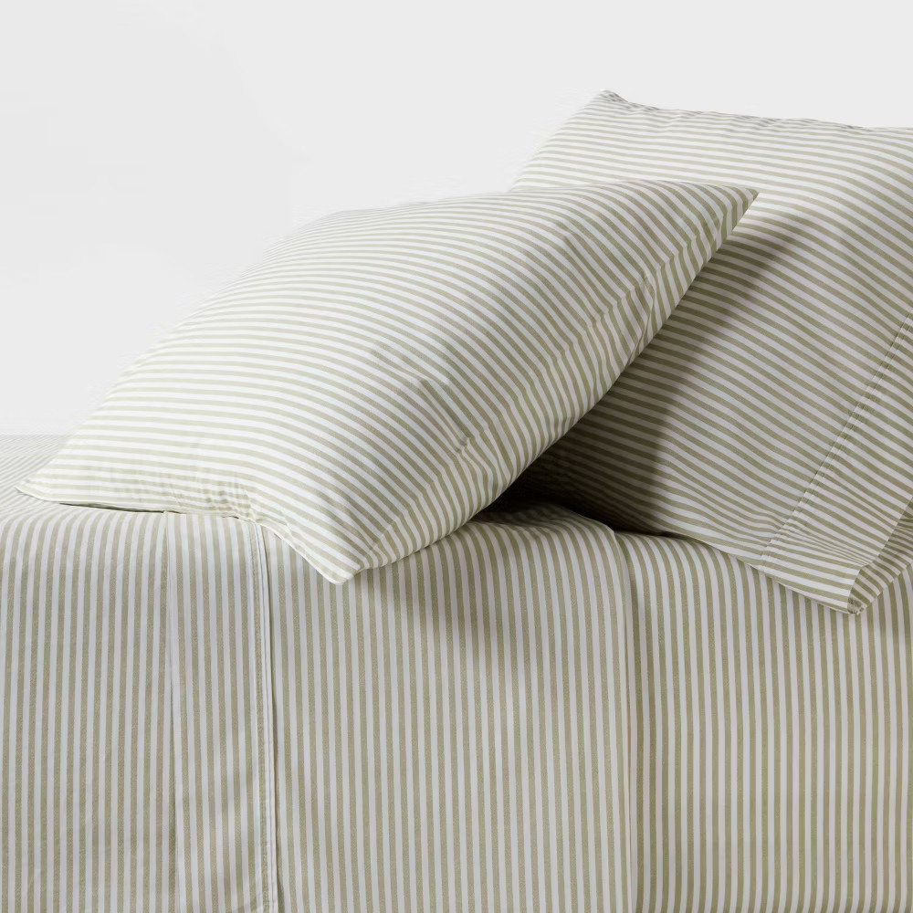 Twin/Twin XL 250 Thread Count Organic Percale Sheet Set Sage Green Stripe