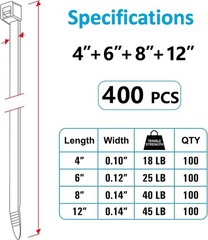 Zip Ties Assorted Sizes 4″+6″+8″+12″ 400 Pack Black