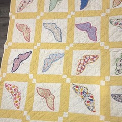 Patchwork Quilt Yellow & White w/ Multicolor Butterfly Squares Coverlet 63” x 73