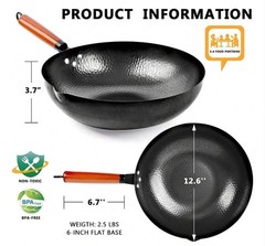 14 Piece Carbon Steel Wok Pan Set with Lid Flat Bottom Stir Fry Cookware