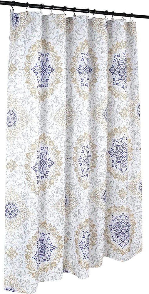Floral Medallion Fabric Shower Curtain Geo Design Purple Golden Tan Silver White