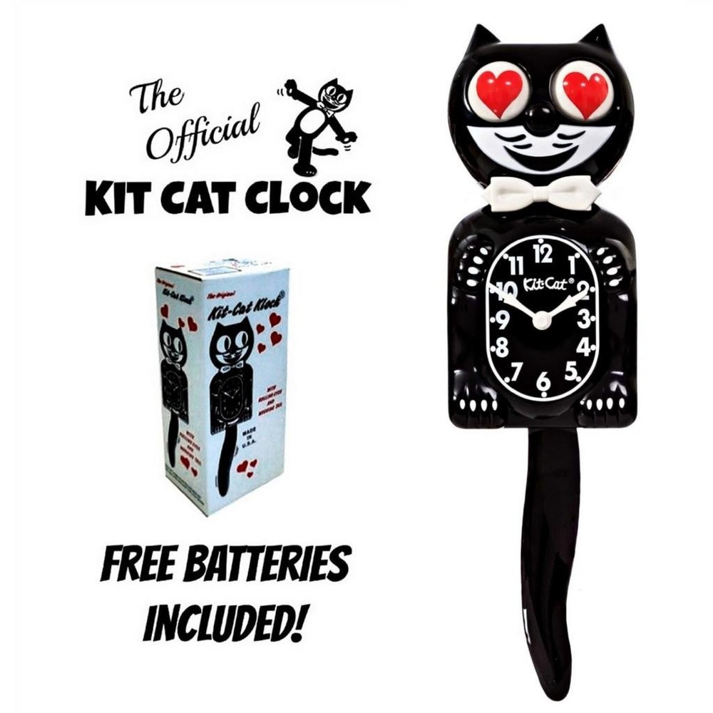 HEART EYES KIT CAT CLOCK 15.5″ Black Kit-Cat Klock MADE IN USA Free Battery NEW