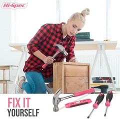 Hi-Spec Pink Household Tool Kit Set with Toolbox Case for DIY Home Repair
