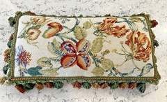 Vintage Handmade Wool Needlepoint Pillow Flowers Tassel Fringe Velvet 21″ x 11″