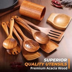 Premium 11pcs Acacia Wood Kitchen Utensil Set – Natural & Non-Stick Safe Cooking