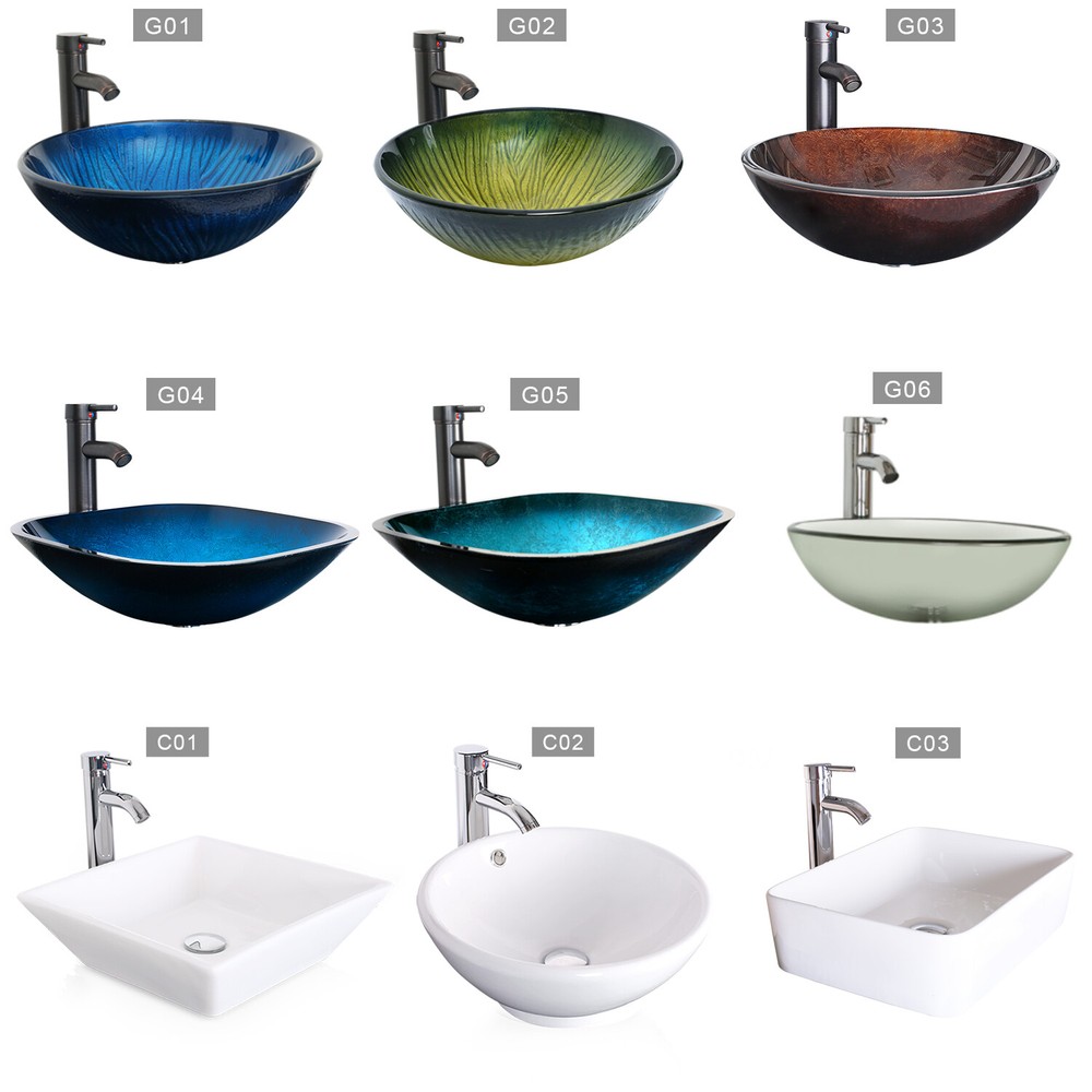 Bathroom Vessel Sink Glass Ceramic Bowl Drain Faucet Combo Pop Up Basin Set US