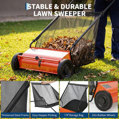[NEW]Garvee 26-Inch Push Lawn Sweeper, Walk-Behind Leaf & Grass Collector-Orange