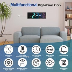16.2” Large Digital Wall Clock with Remote Control, Big LED/Dual Alarm/8 RGB…