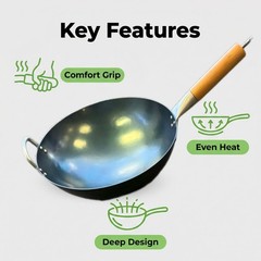 Hand Hammered Carbon Steel Wok 13.5″–Round Bottom,Traditional Stir Pan For Cook