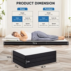 4″ Tri-fold Memory Foam Mattress, Foldable Portable Floor Bed,Washable Cover