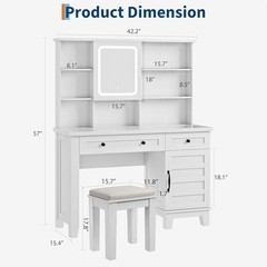 Farmhouse Makeup Vanity Desk, 57″ Tall Makeup Table with Wood Stool & 2 Drawers