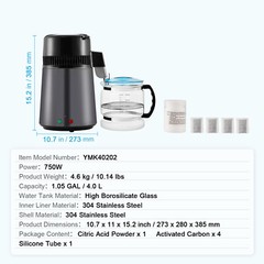 VEVOR Water Distiller 4L Water Purifier Countertop Stainless Steel Interior 750W