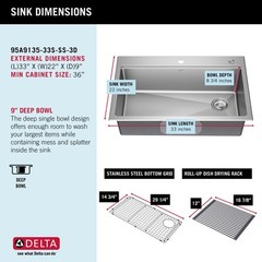 Delta Emery 33″ Workstation Sink, Single Bowl w/ Ledge+Kit-Certified Refurbished